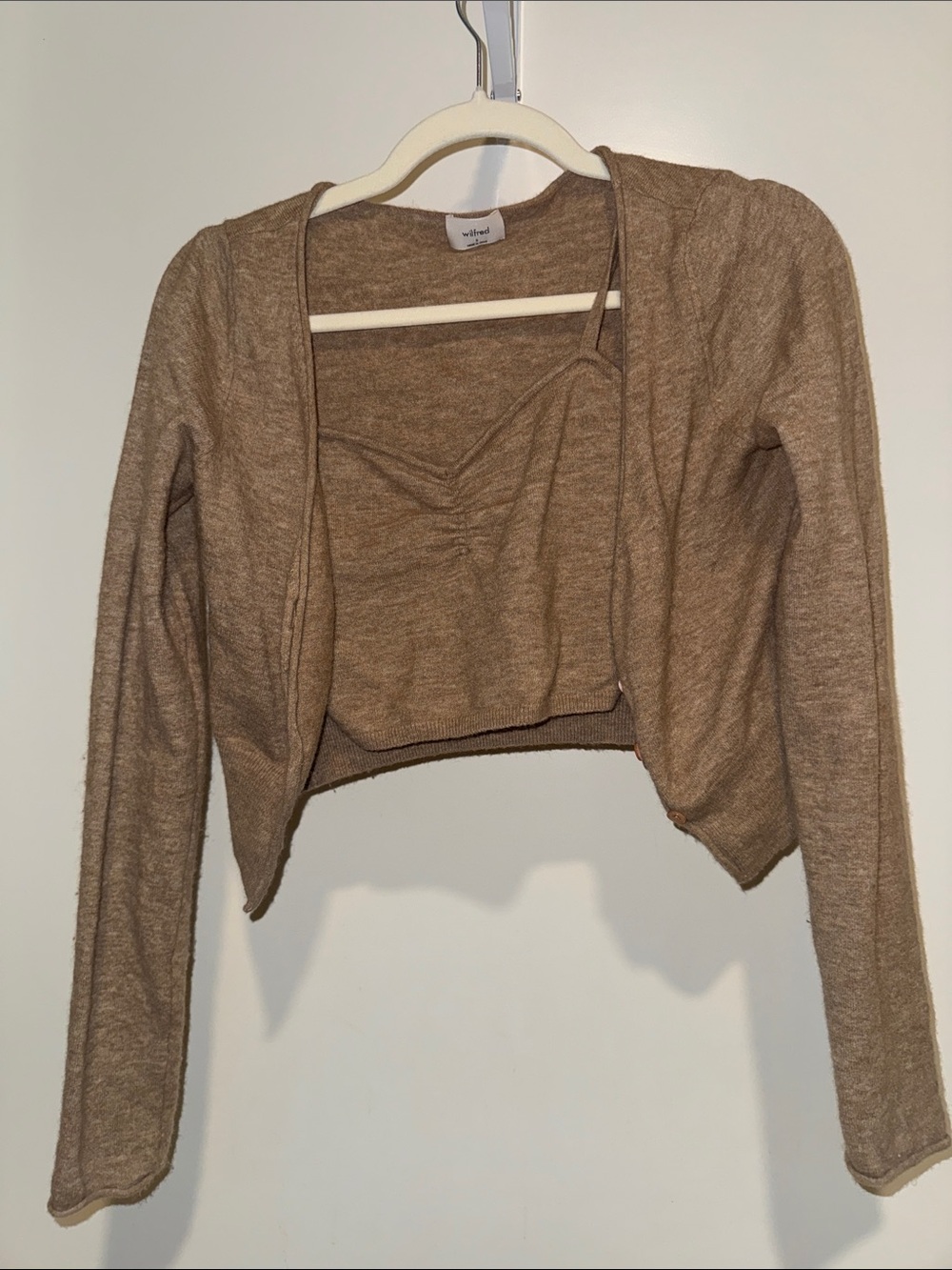 Aritzia Neutral Tan Cropped Cardigan & Ruched Tank Set